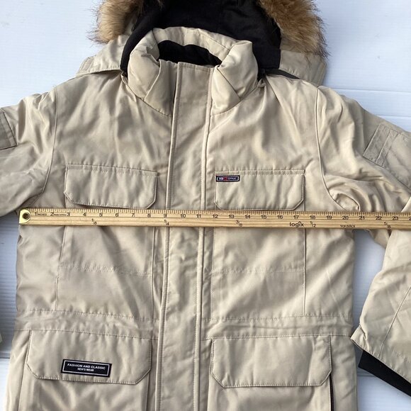 Mens Beige Hooded Winter Jacket With Fur Trim - Picture 7 of 12